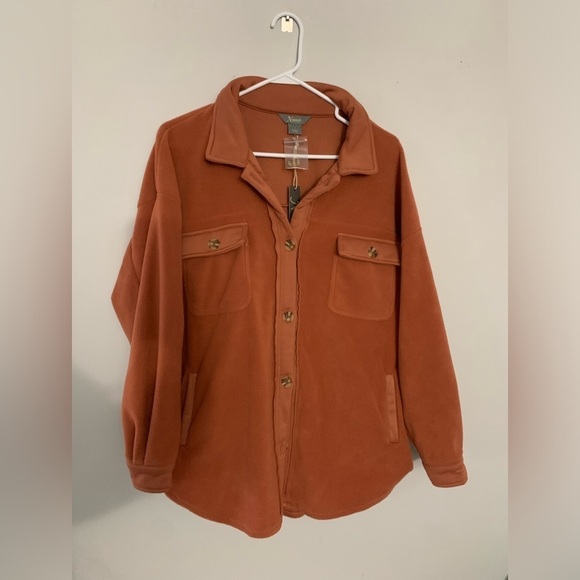 NWT Flannel Shacket Fleece Warm Soft Teddy Jacket Button Size L Orange Brown New - Picture 1 of 9